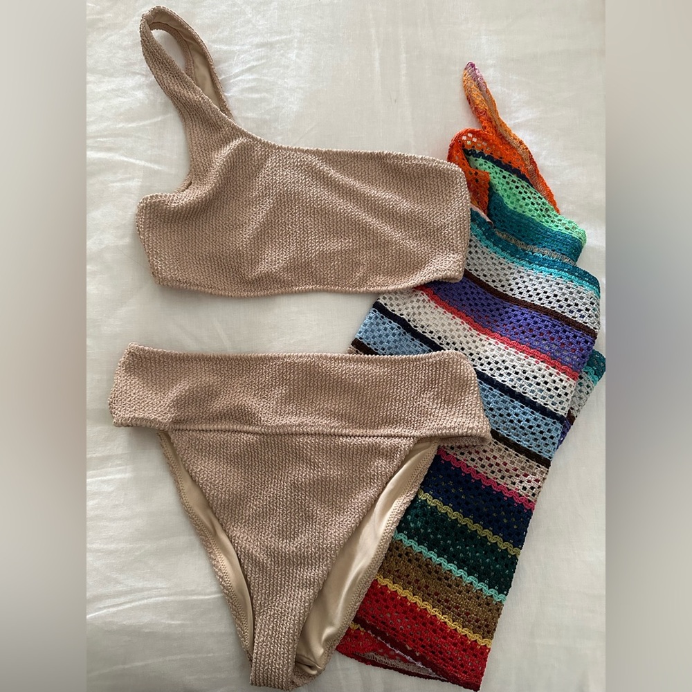 Show Me Your MuMu One-Shoulder Tan Bikini Set high waist ribbed